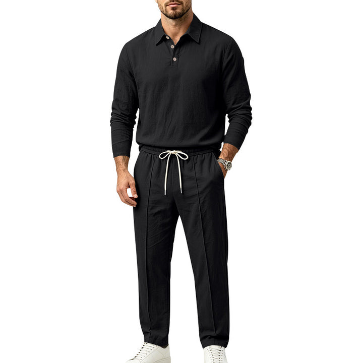 Herren Lässiges Leinenoptik-Loungewear-Set mit Henley-Kragen und Kordelbzw. Bund Drune