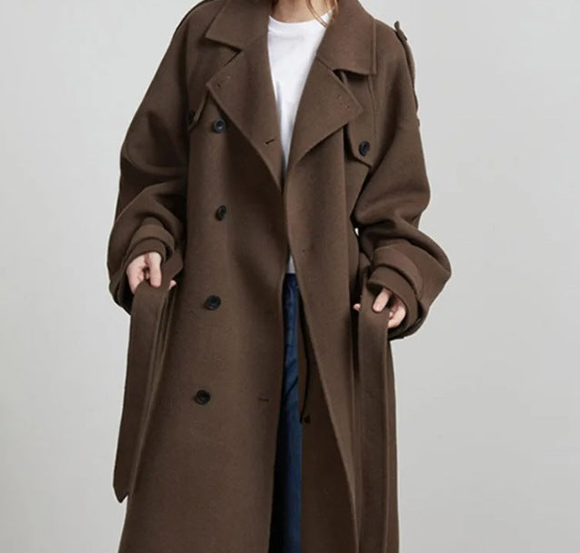 Damen Eleganter Long-Trenchcoat mit strukturiertem Stehkragen Drune