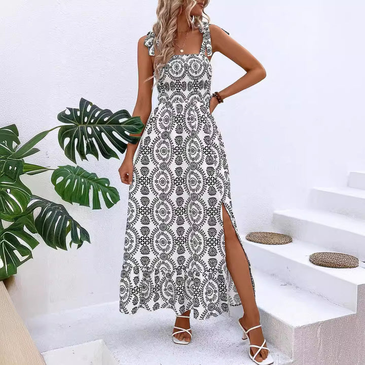 Damen Maxikleid mit Smok-Bustier, Bindeträgern und seitlichem Beinschlitz Drune