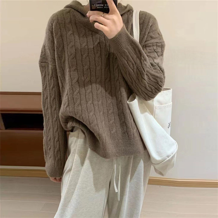 Damen Kuscheliger Strickpullover mit Kapuze und Kabelmuster Drune