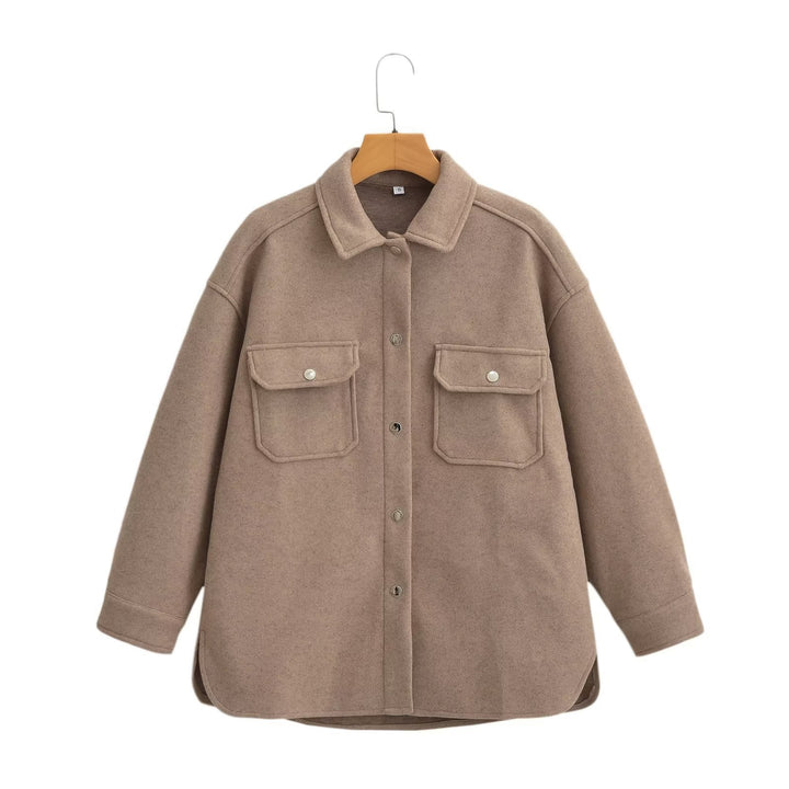 Damen Oversize Wollmix-Shacket mit Druckknopffront und aufgesetzten Pattentaschen Drune