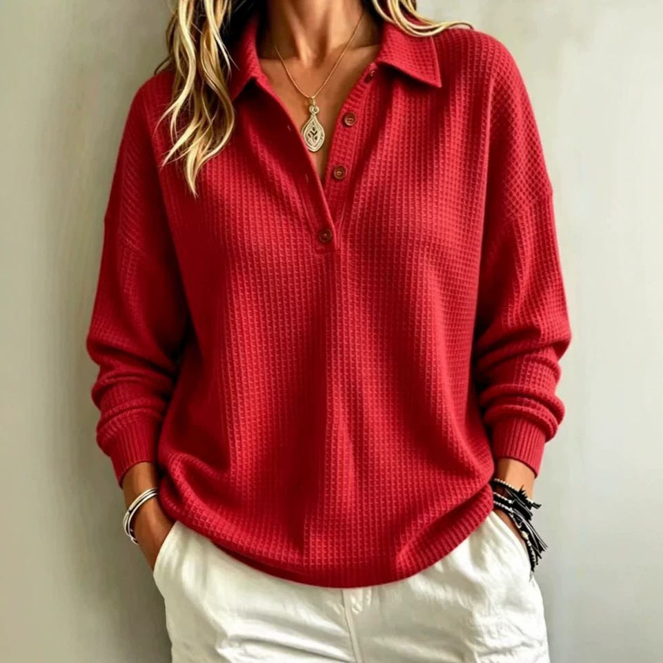 Damen Waffelstrick-Polo mit Oversize-Schnitt, Knopfleiste und Rollkragen-Optik Drune