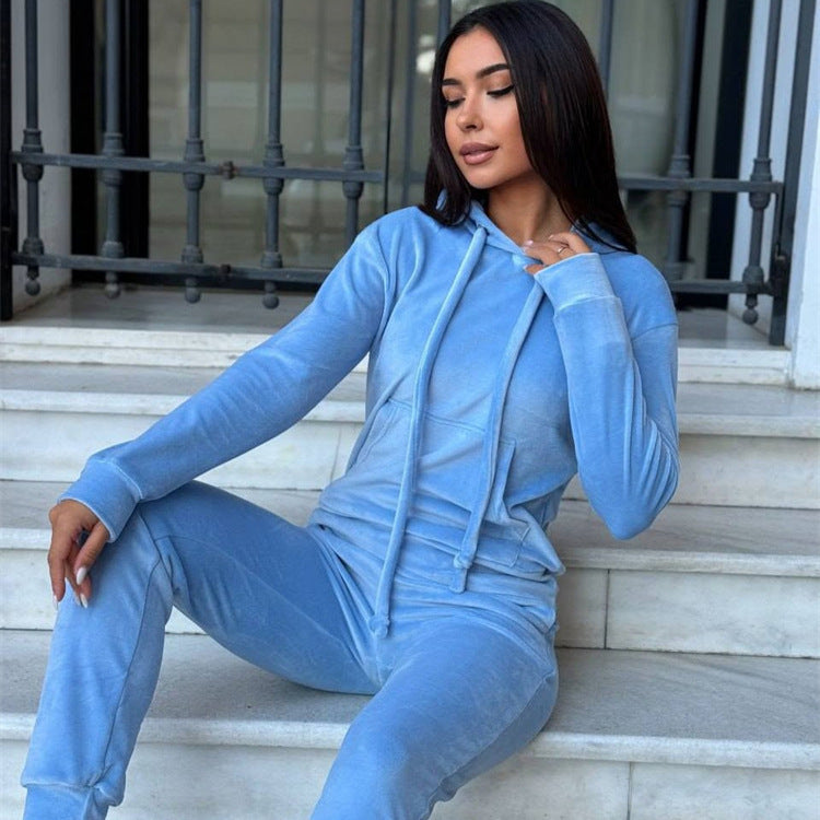 Damen weiches Velours-Lounge-Set mit Kapuzenpullover und tapered Jogginghose Drune