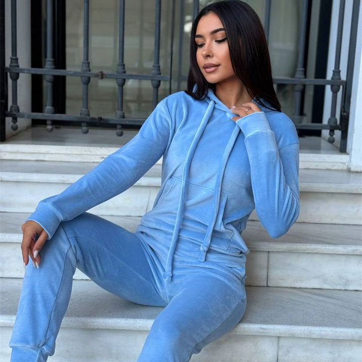 Damen weiches Velours-Lounge-Set mit Kapuzenpullover und tapered Jogginghose Drune