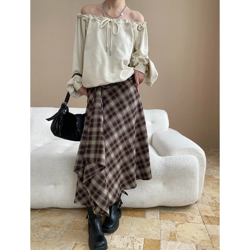 Damen lässige Off-Shoulder-Bluse mit großzügigen Puffärmeln Drune