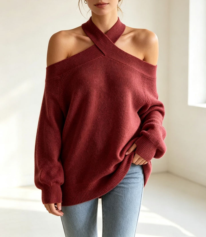 Damen Grobgestrickter schulterfreier Pullover mit überkreuztem Neckholder Drune