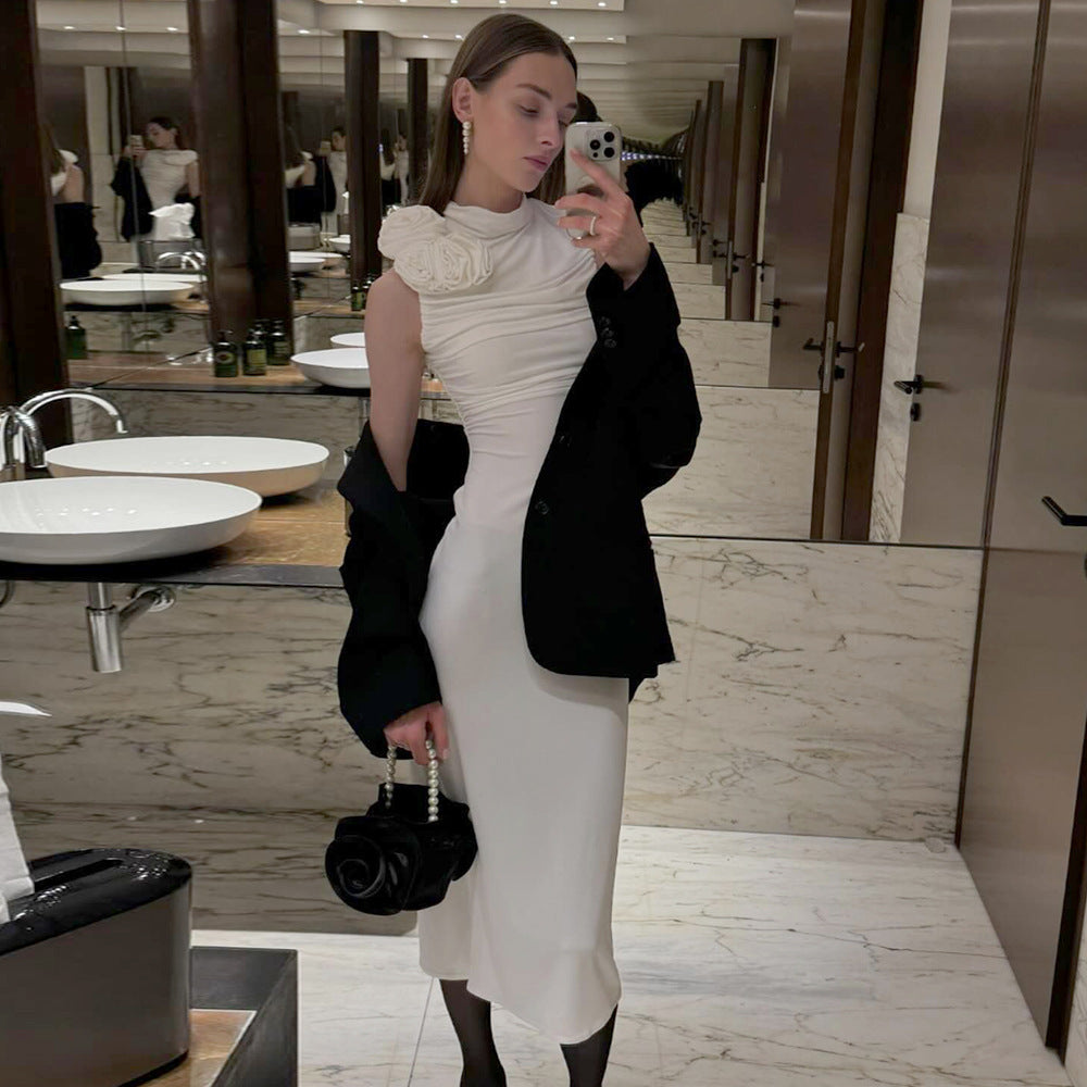 Damen figurbetontes Abendkleid mit asymmetrischem Kragen und floraler Applikation Drune