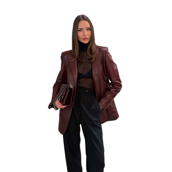 Damen Glattleder-Blazer mit strukturierter Schulterpartie und verlängertem Schnitt Drune