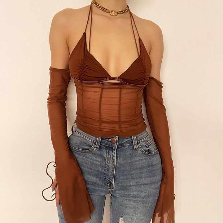 Damen Crop-Top mit transparentem Design und raffinierten Rüschenärmeln Drune