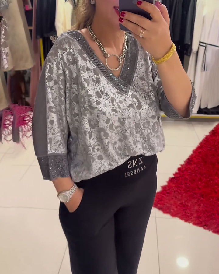 Damen nan schimmerndes Jacquard-Blusenshirt mit V-Passe in Schmuckoptik und dreiviertelärmeln Drune