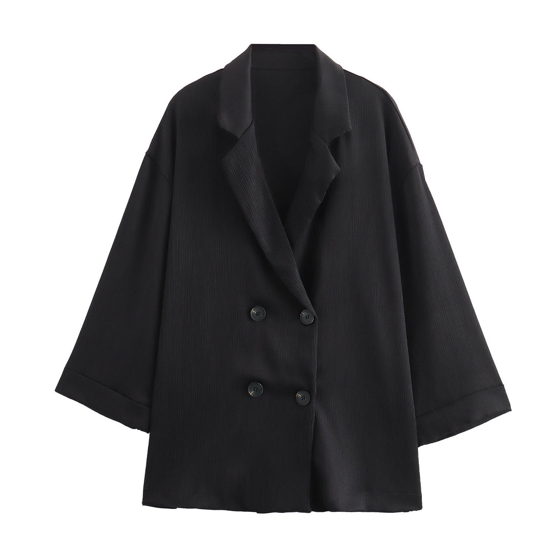 Damen Oversize Doppelreihiger Blazer mit Plissee‑Struktur und dreiviertelärmeln Drune