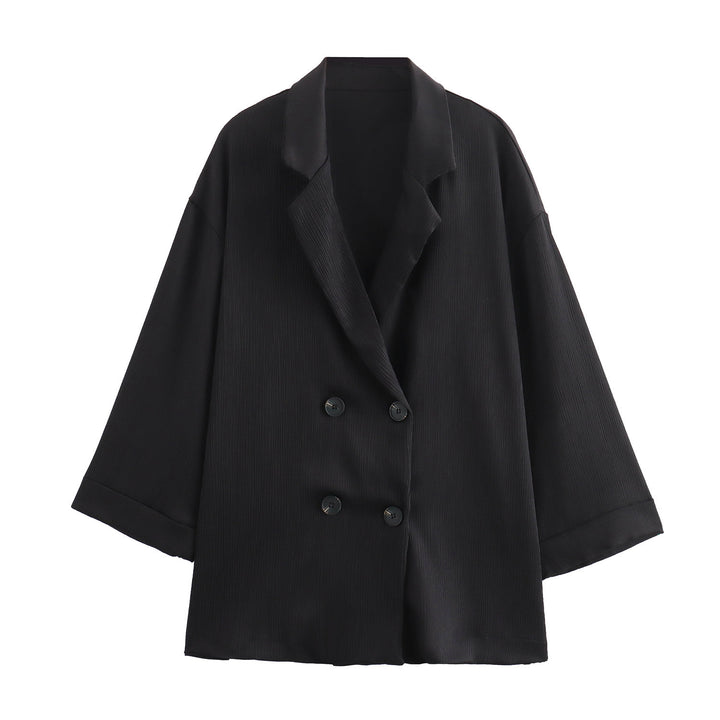 Damen Oversize Doppelreihiger Blazer mit Plissee‑Struktur und dreiviertelärmeln Drune
