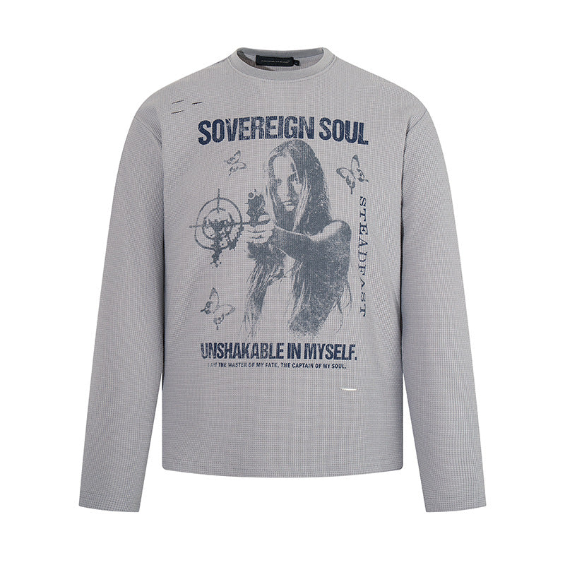 Herren Langarmshirt im Waffelstrick mit Vintage-Grafik und Relaxed-Fit Drune