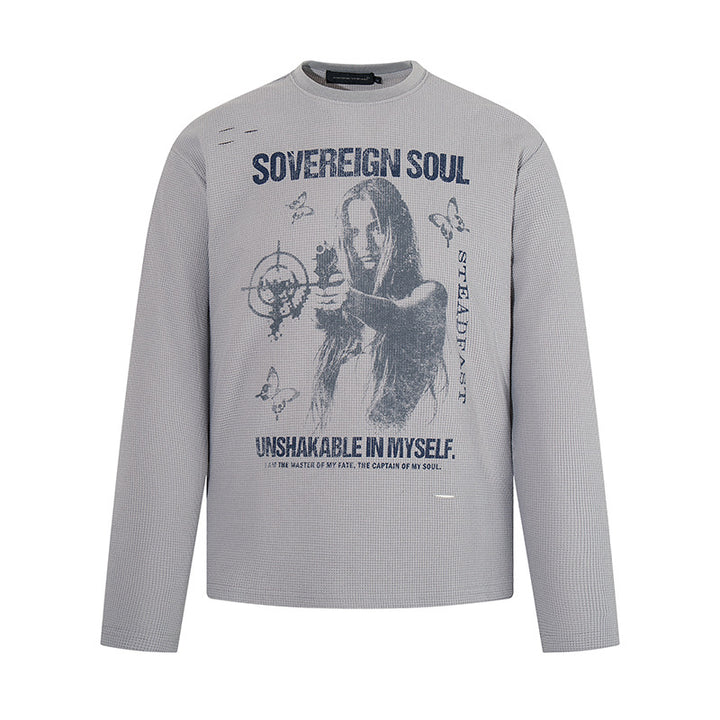 Herren Langarmshirt im Waffelstrick mit Vintage-Grafik und Relaxed-Fit Drune