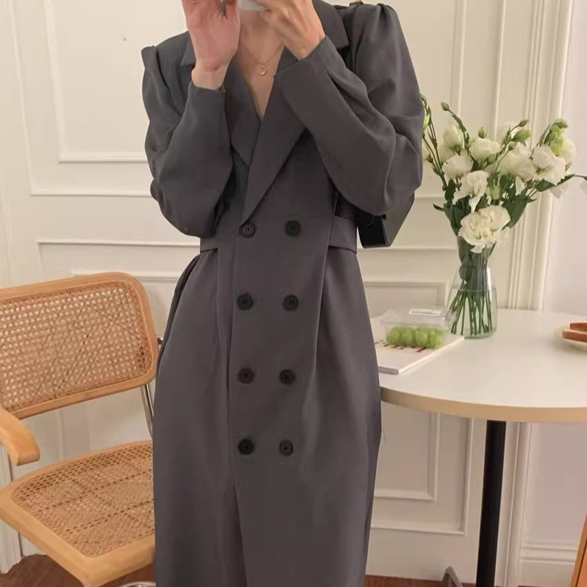 Damen Tailliertes Doppelreihiges Blazerkleid mit Puffärmeln und verlängertem Revers Drune