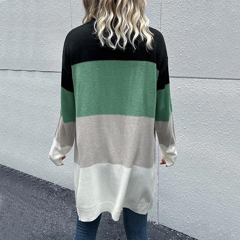 Damen Longline Strickcardigan mit Farbblockmuster, offener Front und lässiger Oversize‑Passform Drune