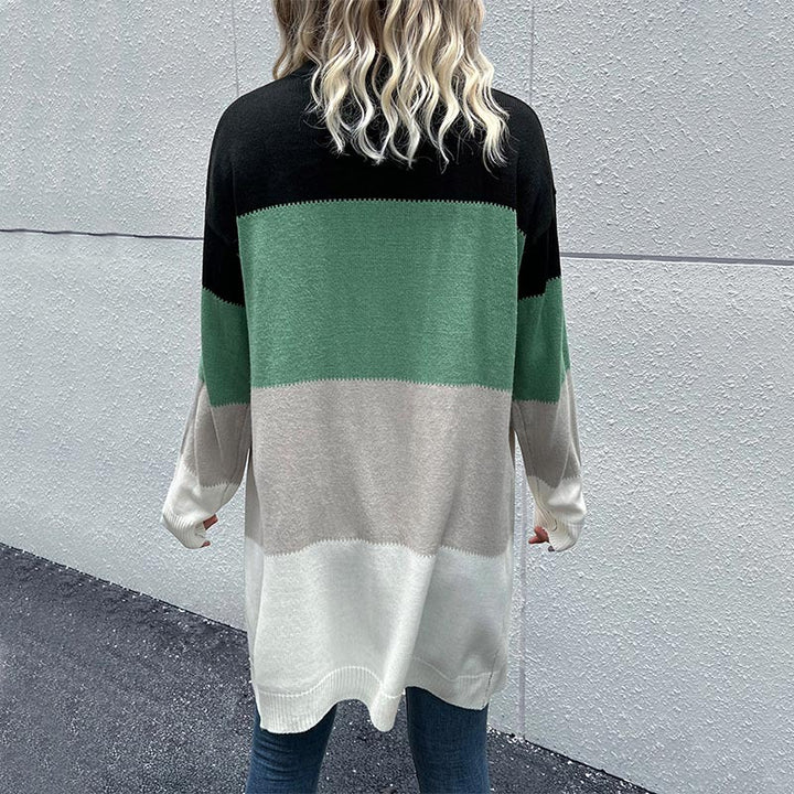 Damen Longline Strickcardigan mit Farbblockmuster, offener Front und lässiger Oversize‑Passform Drune