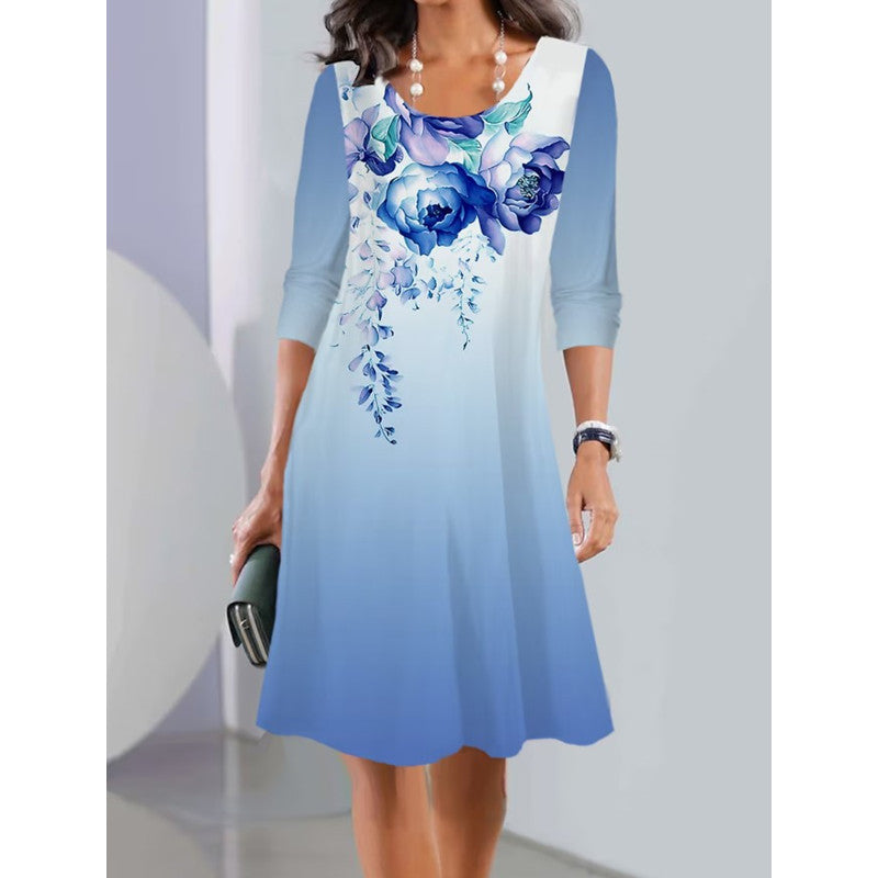 Damen A-Linien Kleid mit floralem Druck, U-Ausschnitt, Dreiviertelärmel und sanftem Ombre Drune