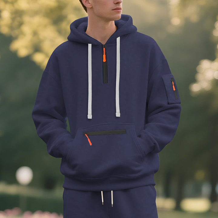 Herren Oversize-Kapuzenpullover mit halbem Reißverschluss, Kängurutasche mit Reißverschluss und Ärmel-Pocket Drune