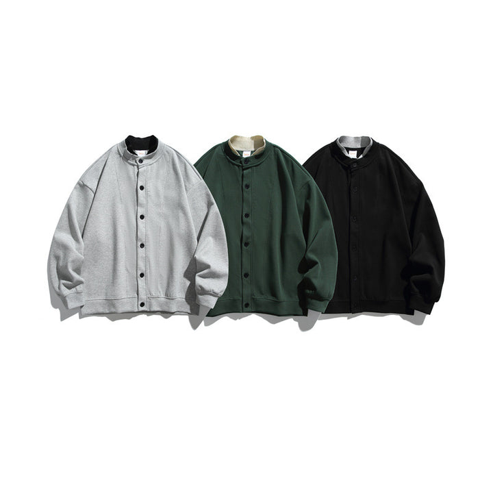 Unisex Oversize Knopfcardigan aus schwerer Baumwollfrottee mit tonalen Nahtpaspeln und geripptem Innenkragen Drune