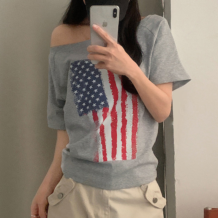 Damen lässiges T-Shirt mit amerikanischem Flaggen-Design und weichem Baumwollmaterial Drune