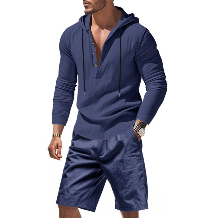Herren nan Kapuzen-Henley-Loungewear-Set mit Leinenoptik, Kordelzug und elastischer Tunnelzugshorts Drune