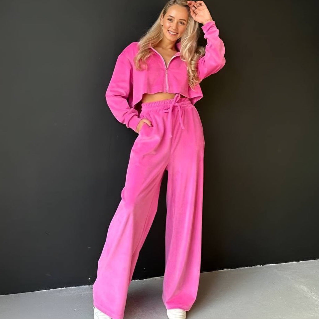 Damen gekürztes Velours-Cropped-Hoodie mit Stehkragen und elastischer High-Waist-Palazzo-Jogginghose Drune
