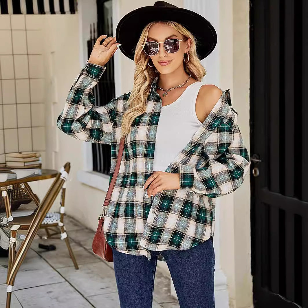 Damen oversized Karo Hemd mit tiefem Ausschnitt Drune