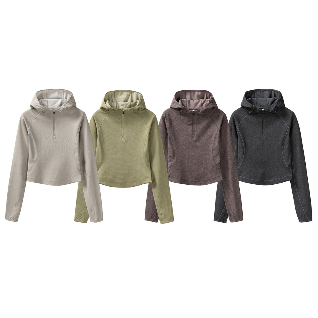 Damen Gekürzter Technical-Hoodie mit Halbzip, Kapuze und Daumenlöchern Drune