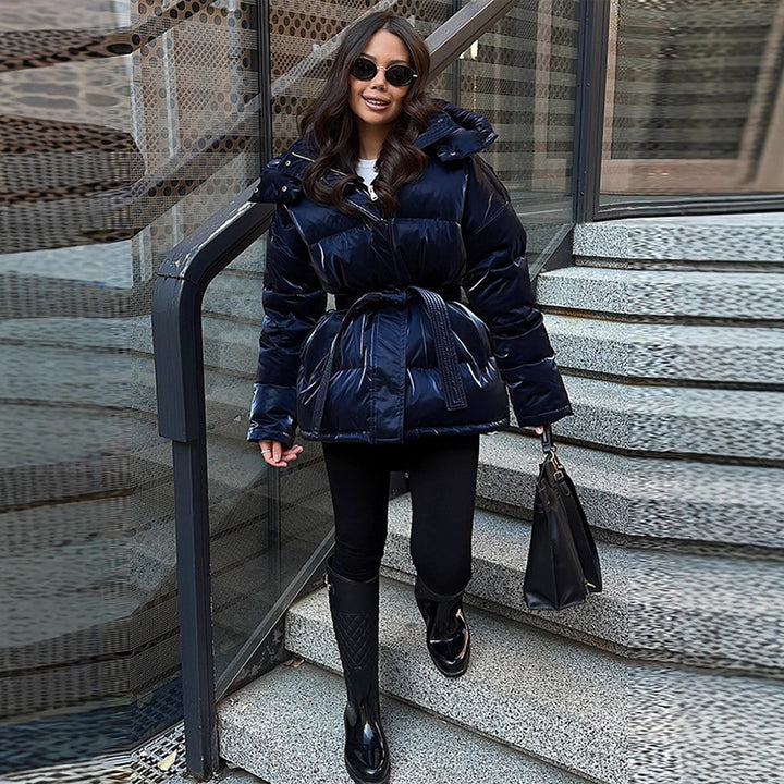 Damen wattierte Kapuzen-Steppjacke mit Taillengürtel Drune