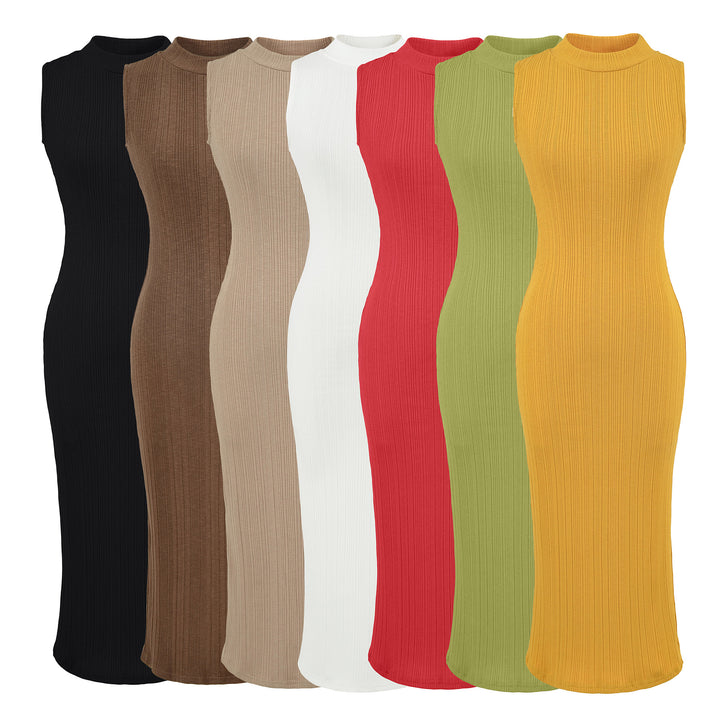 Damen Midikleid in Rippstrick, ärmelloses Slim‑Fit mit Stehkragen Drune