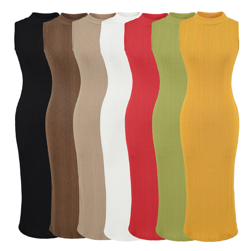 Damen Midikleid in Rippstrick, ärmelloses Slim‑Fit mit Stehkragen Drune