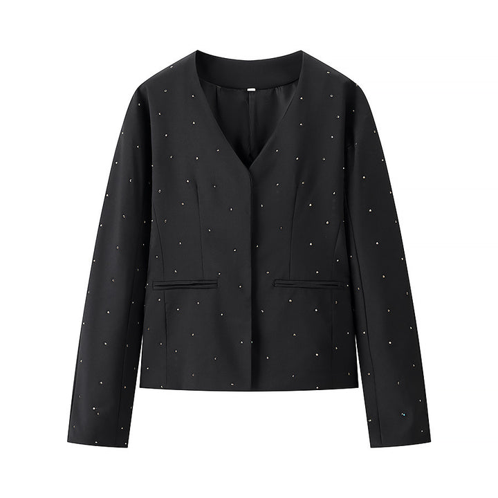 Damen nan elegant taillierter Blazer ohne Kragen mit Ziersteinbesatz Drune