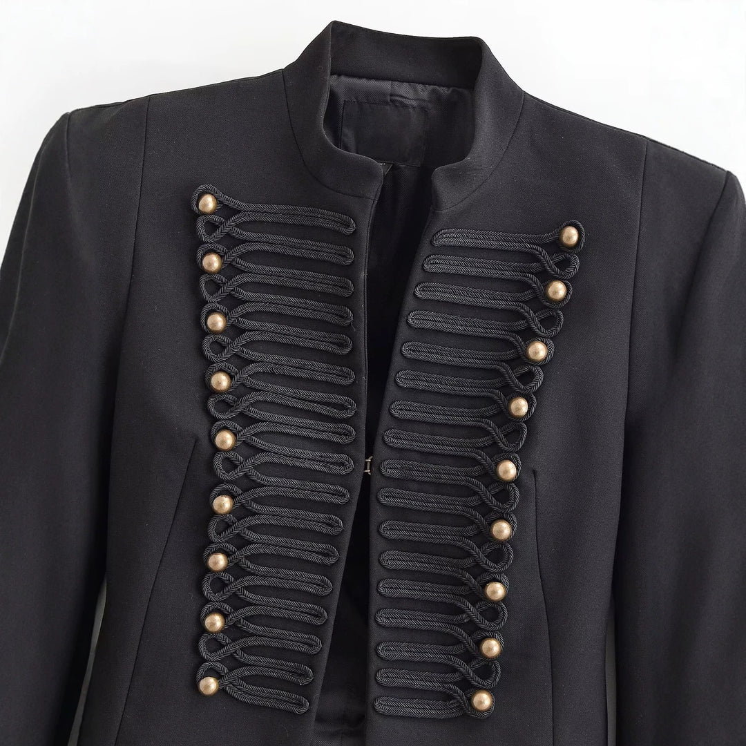 Damen Kastenfreie Militär-Jacke im Cropped‑Schnitt mit Stehkragen und Zierkordel-Detail Drune