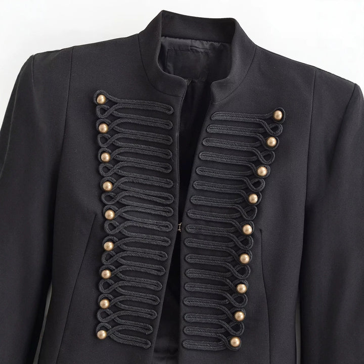 Damen Kastenfreie Militär-Jacke im Cropped‑Schnitt mit Stehkragen und Zierkordel-Detail Drune