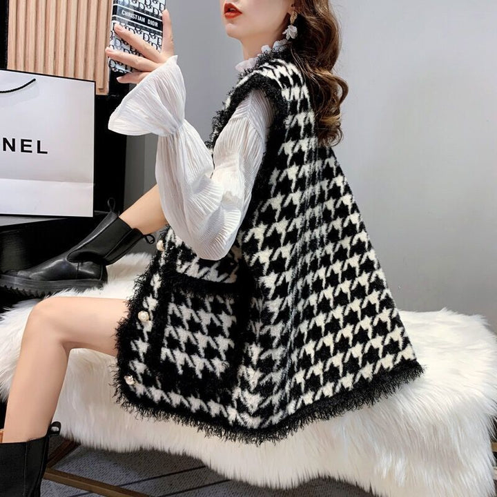 Damen Lässige Strickweste mit Karomuster und eleganten Knöpfen Drune