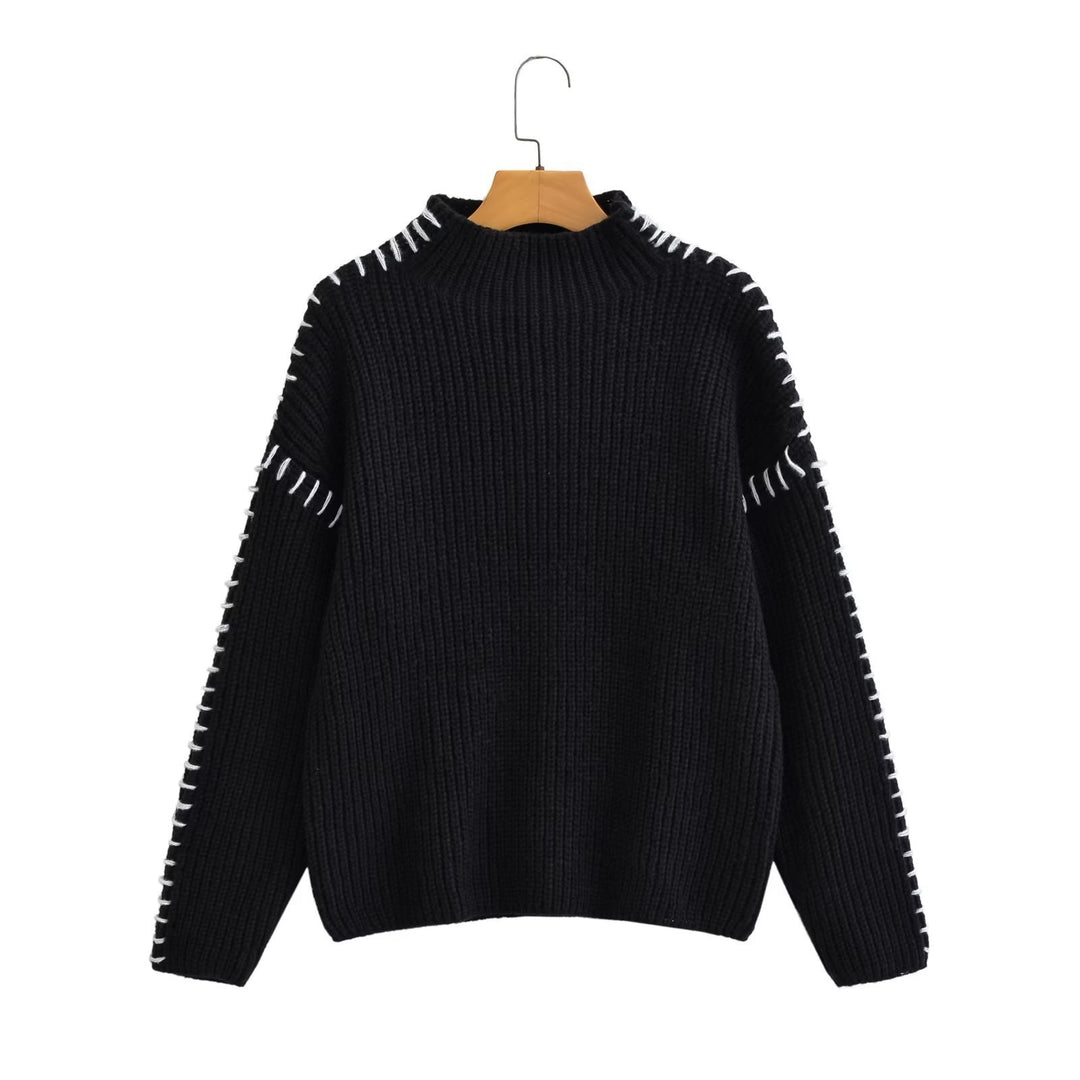 Damen Oversize-Strickpullover mit Stehkragen, Ballonärmeln und Ziernaht Drune