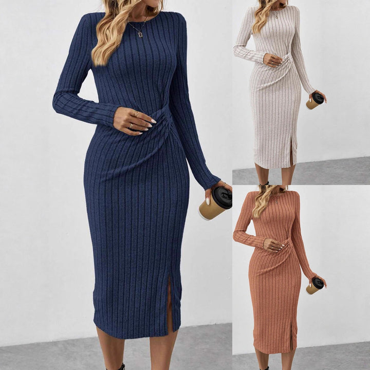 Damen Gerippetes Midikleid aus Feinstrick mit gedrehtem Taillendetail Drune