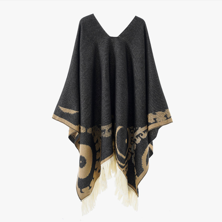 Damen Wollmix-Medallionponcho mit V-Ausschnitt und Fransensaum Drune