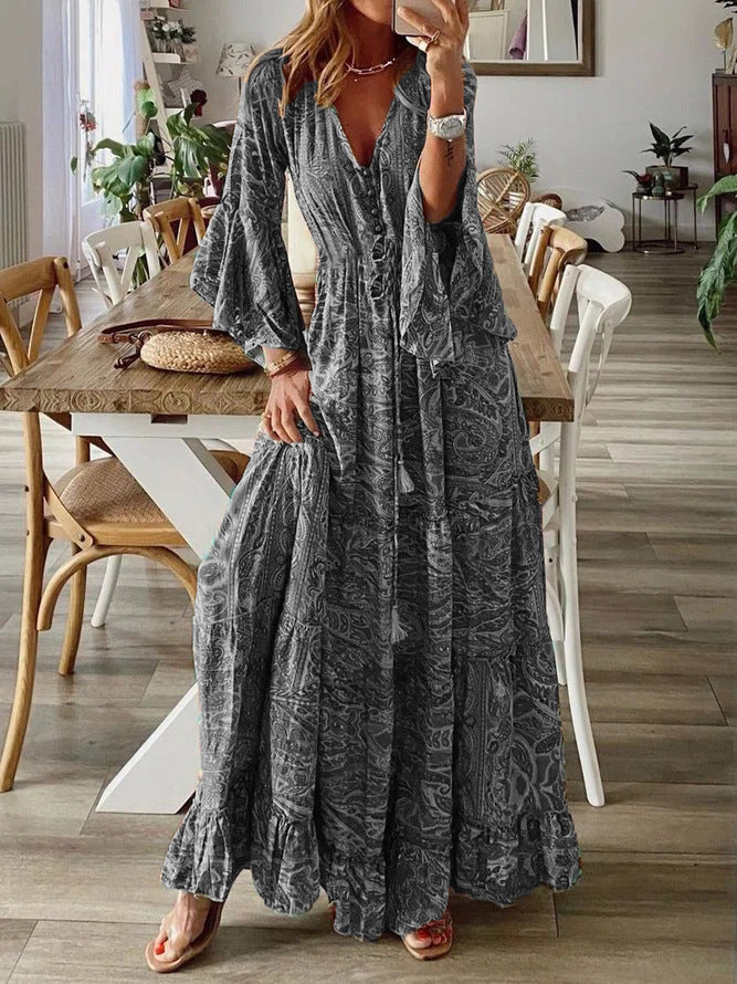 Damen Boho Maxikleid mit Paisley-Print, V-Ausschnitt, Stufenrock und Bindegürtel Drune