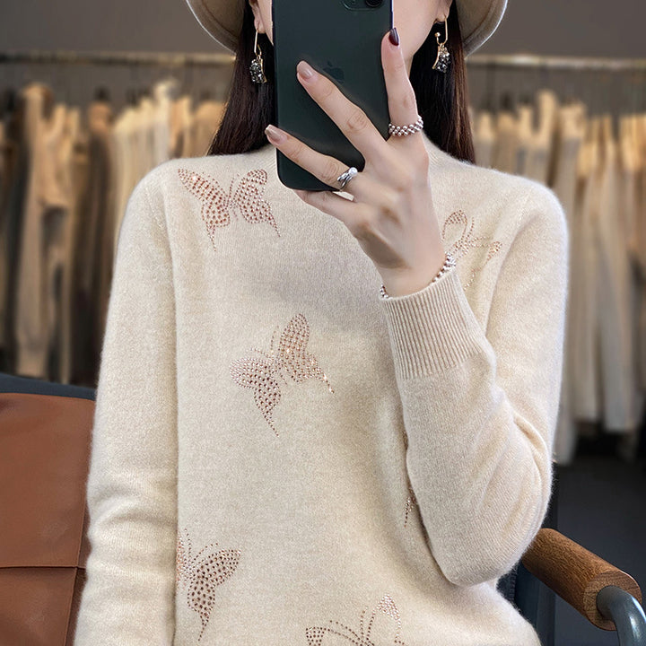 Damen Stehkragen-Feinstrickpullover mit Strass-Schmetterlingsapplikation Drune