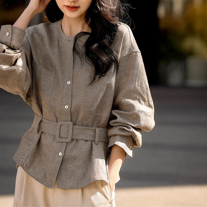 Damen Modische Oversized-Bluse mit Gürtel Drune