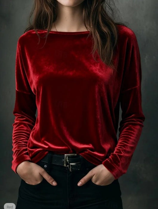 Damen Feines Velours-Langarmshirt mit U-Boot-Ausschnitt und kastiger Silhouette Drune