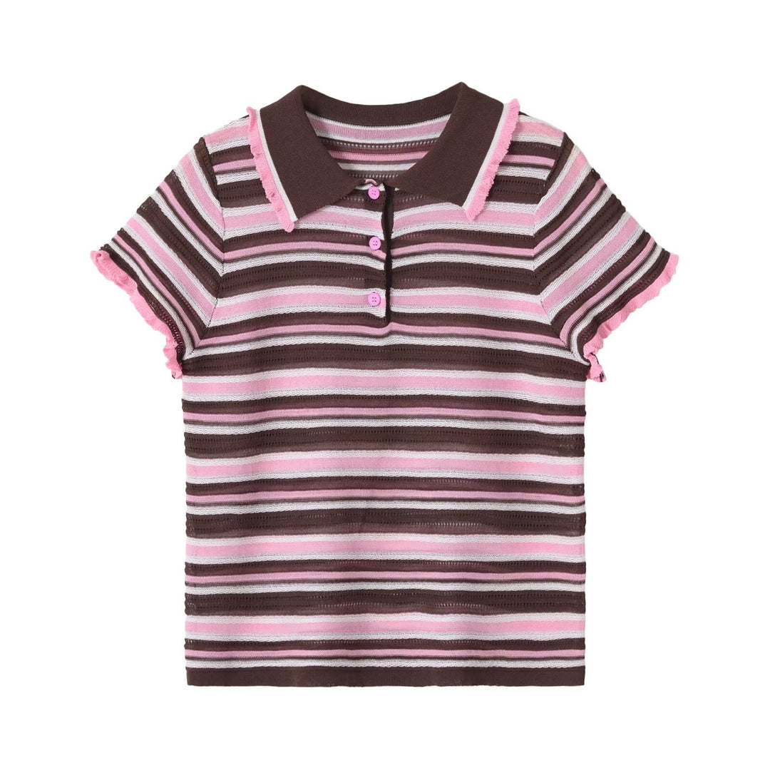 Damen Gestreiftes kurzärmeliges Poloshirt aus Feinstrick mit Rüschenkante und 3‑Knopf‑Leiste Drune
