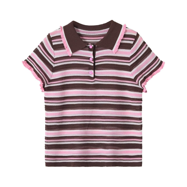 Damen Gestreiftes kurzärmeliges Poloshirt aus Feinstrick mit Rüschenkante und 3‑Knopf‑Leiste Drune