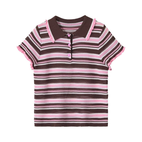 Damen Gestreiftes kurzärmeliges Poloshirt aus Feinstrick mit Rüschenkante und 3‑Knopf‑Leiste Drune