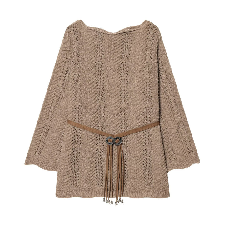 Damen Gestricktes Poncho-Cape mit Ajourmuster und Lederquasten-Gürtel Drune