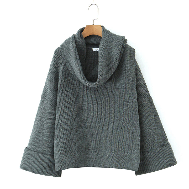 Damen Boxy-Cropped Grobstrick-Pullover mit voluminösem Schalkragen Drune