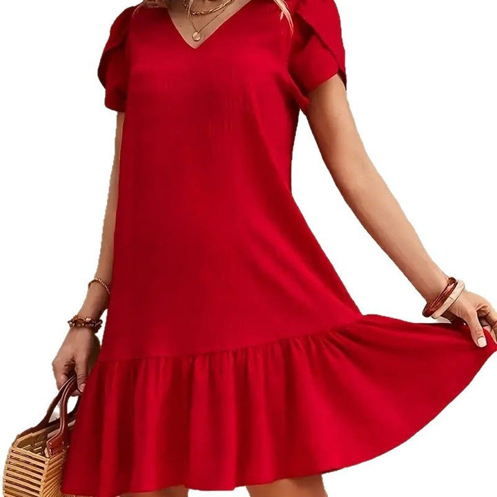 Damen V-Ausschnitt Kleid mit voluminösen Puffärmeln und Rüschensaum Drune