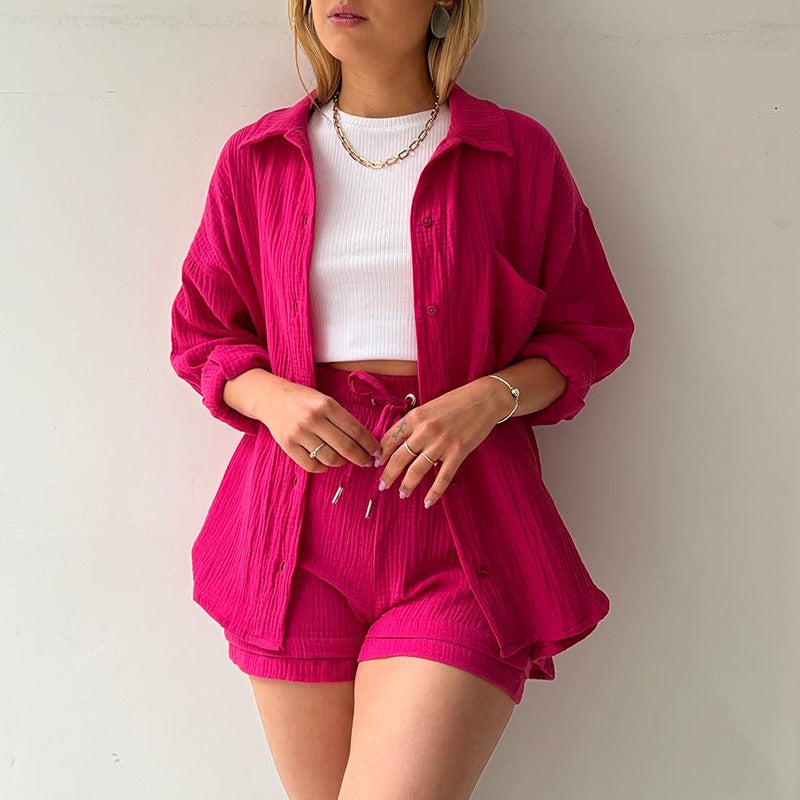 Damen Dreiteiliges Leinenoptik-Lounge-Set mit offenem Hemd, Crop-Top und hoher Taillen-Shorts Drune